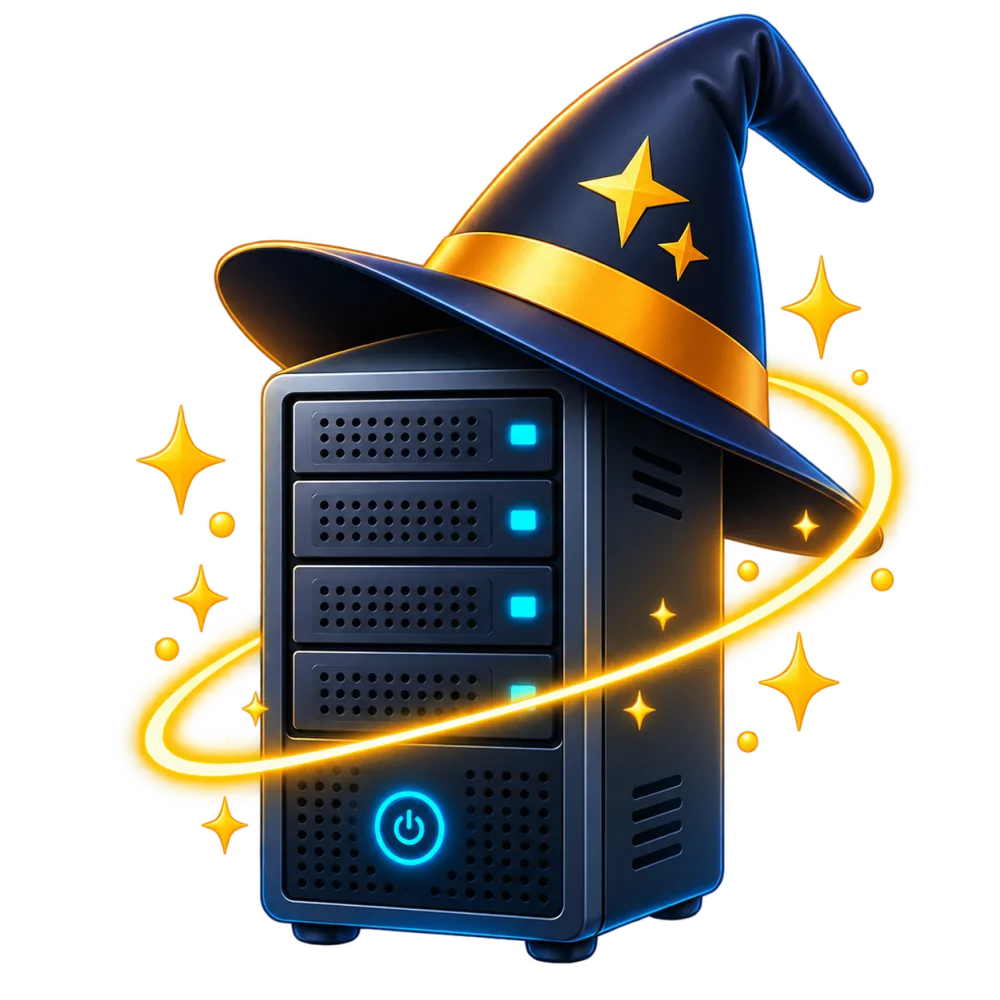 Hostaculous server wearing a wizard hat, encircled by a ring of golden magic